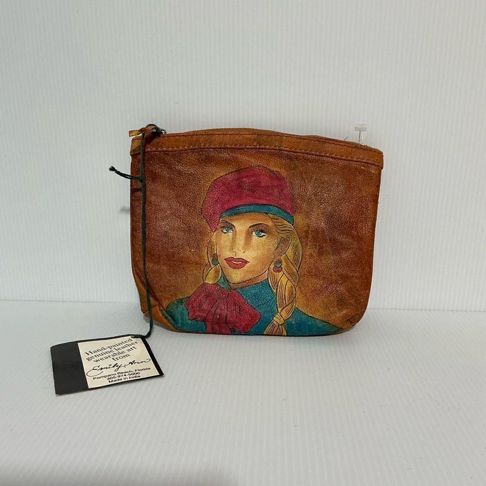 Emily Ann Of Boca Raton Handpainted Leather Cosmetic Bag Vintage NWT - Picture 2 of 6